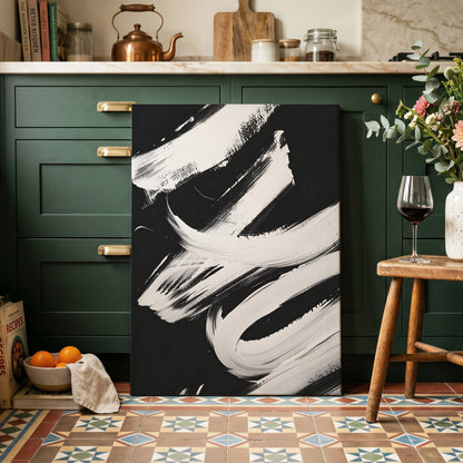 Nocturne in White, black, white abstract wall art on canvas displayed in a styled interior, gallery view 2