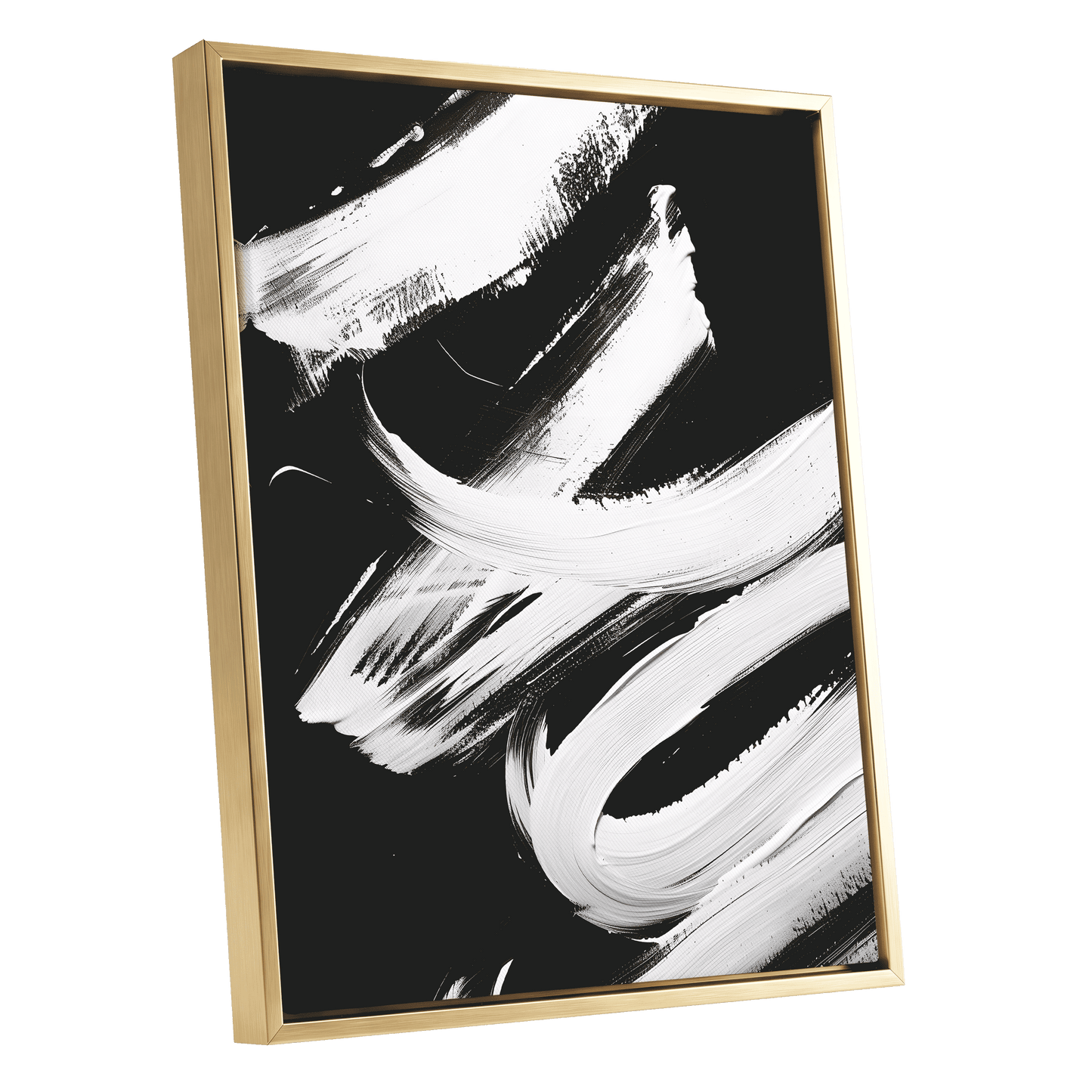 Nocturne in White, black, white abstract wall art shown as a gold framed canvas wall art