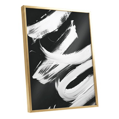 Nocturne in White, black, white abstract wall art shown as a gold framed poster wall art print