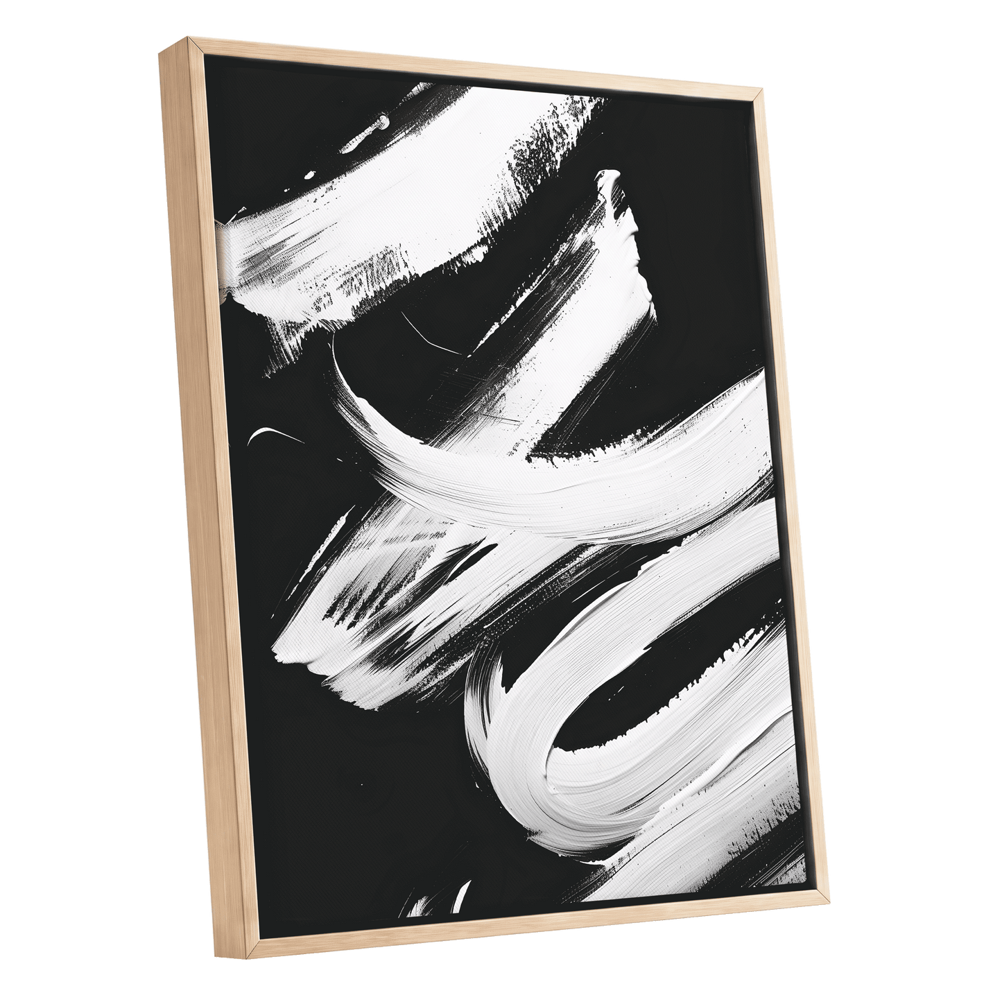 Nocturne in White, black, white abstract wall art shown as a oak framed canvas wall art