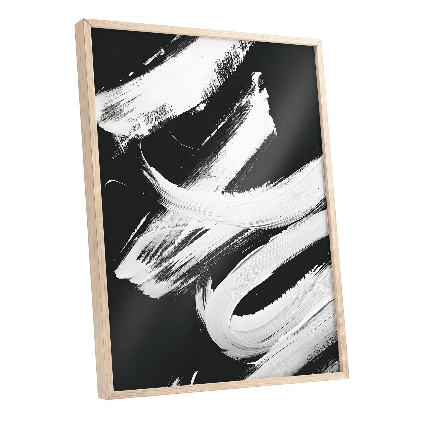 Nocturne in White, black, white abstract wall art shown as a oak framed poster wall art print