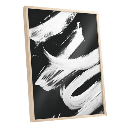 Nocturne in White, black, white abstract wall art shown as a oak framed poster wall art print