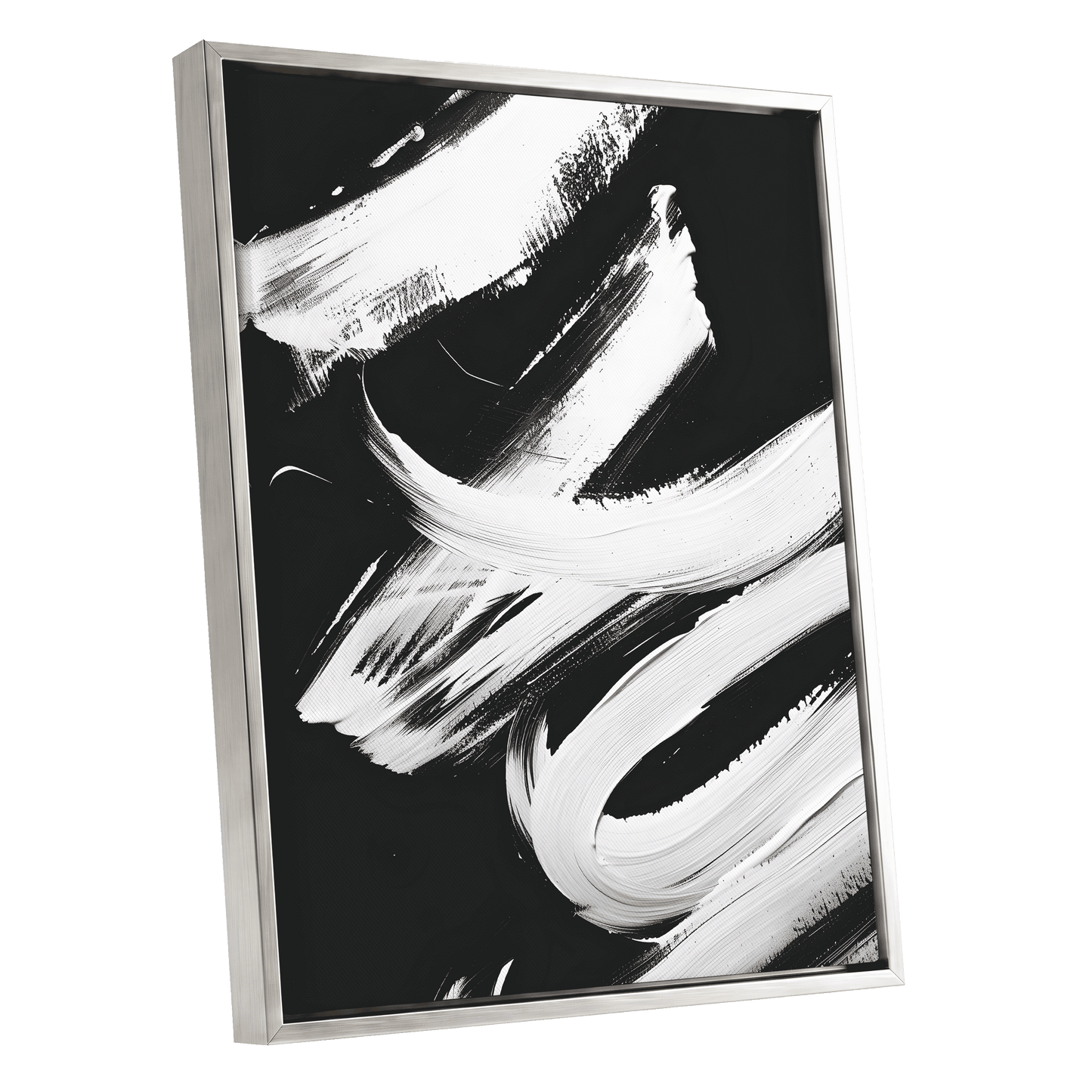 Nocturne in White, black, white abstract wall art shown as a silver framed canvas wall art