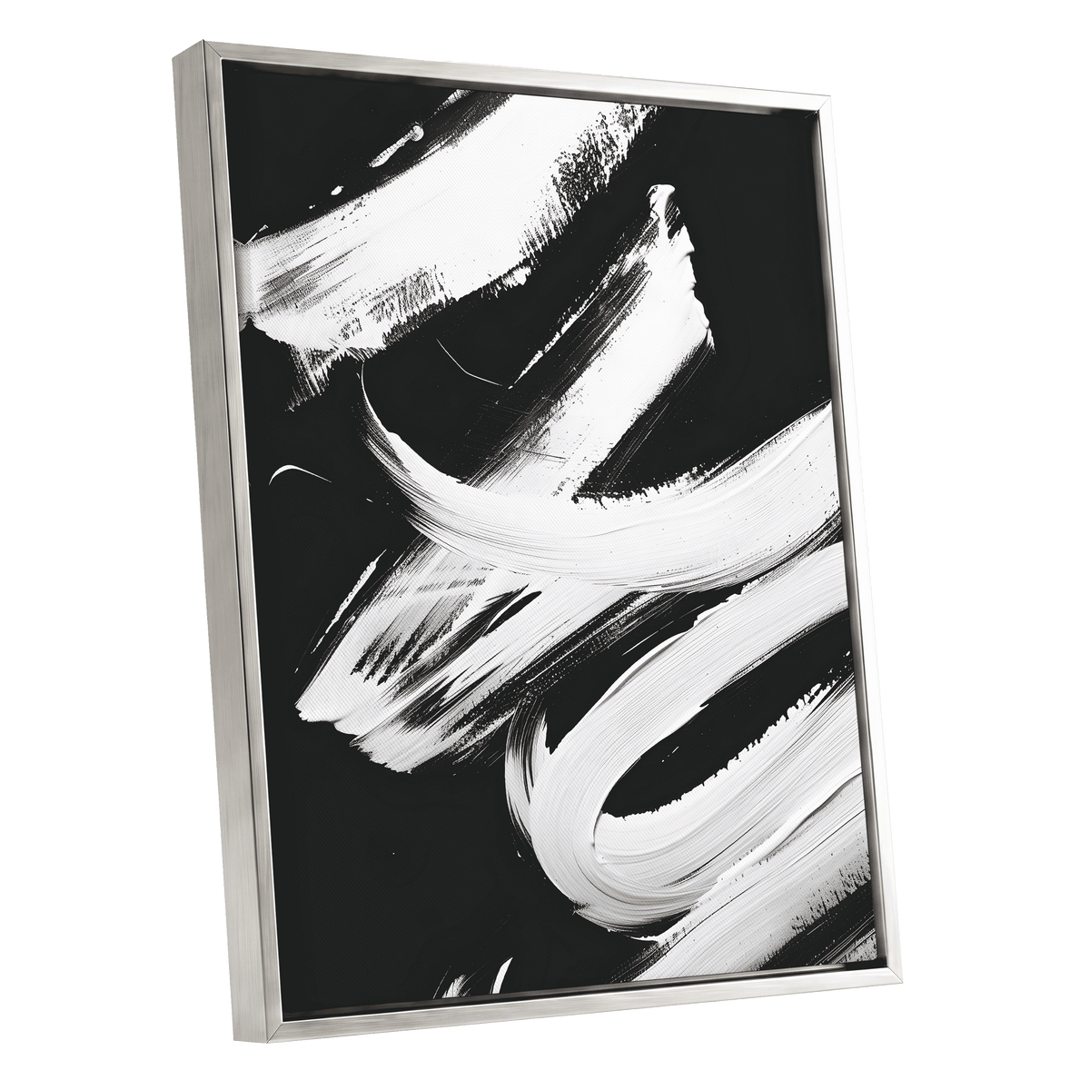 Nocturne in White, black, white abstract wall art shown as a silver framed canvas wall art