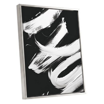 Nocturne in White, black, white abstract wall art shown as a silver framed canvas wall art