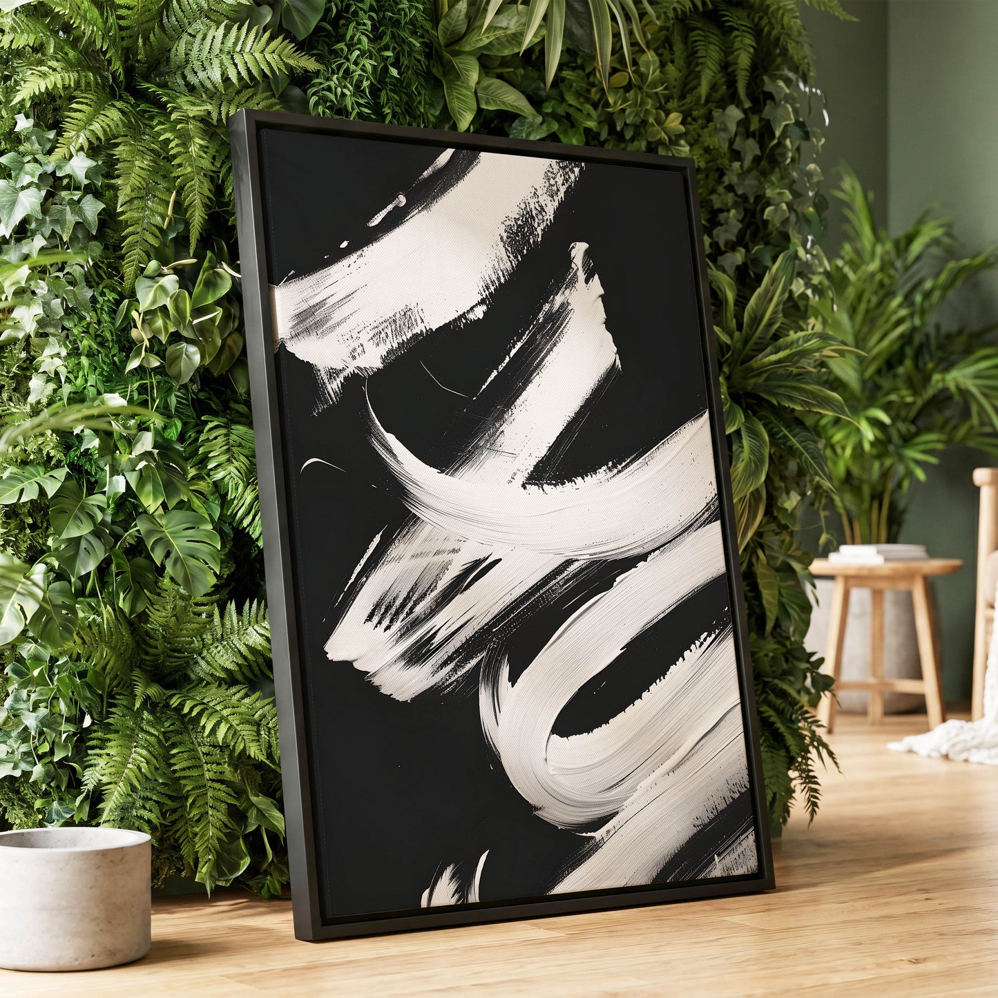 Nocturne in White, black, white abstract wall art displayed in a styled interior, gallery view 1