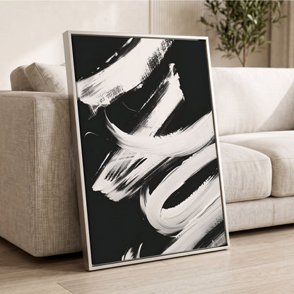 Nocturne in White, black, white abstract wall art displayed in a styled interior, gallery view 2
