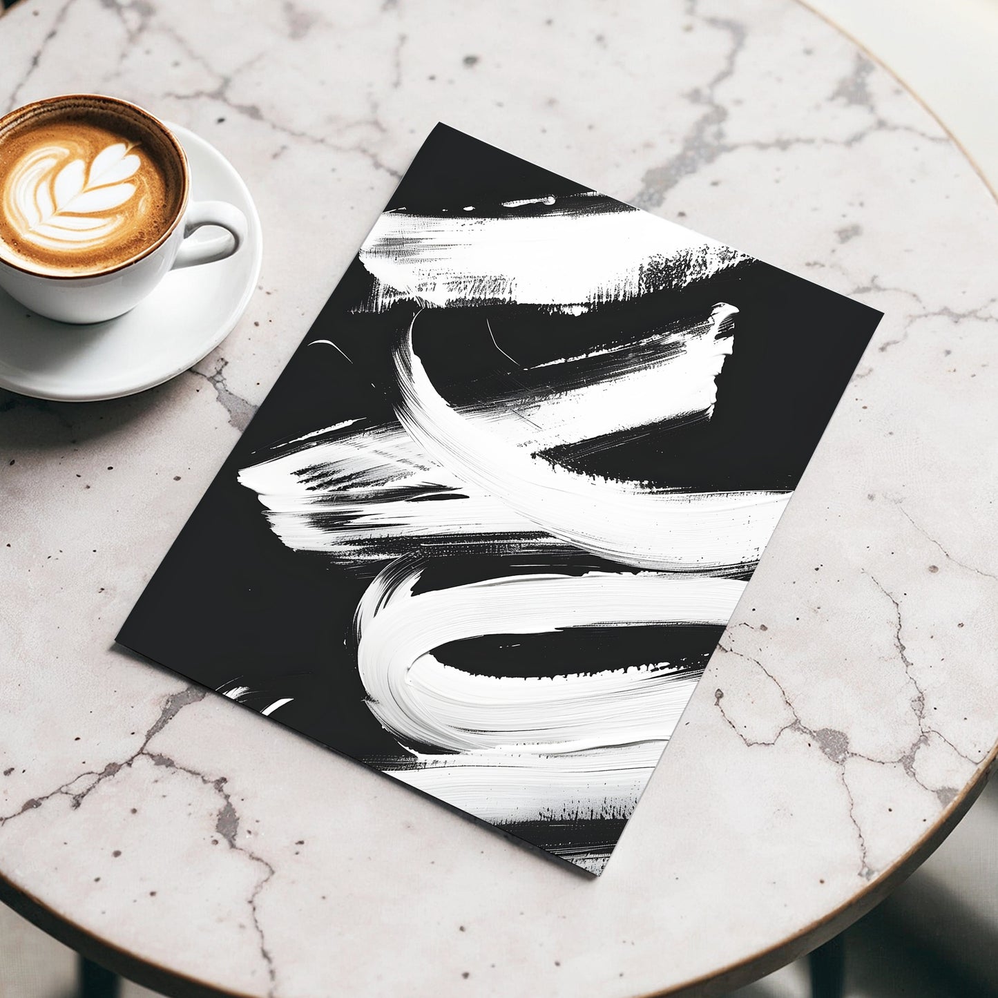 Nocturne in White, black, white abstract wall art displayed in a styled interior, gallery view 3