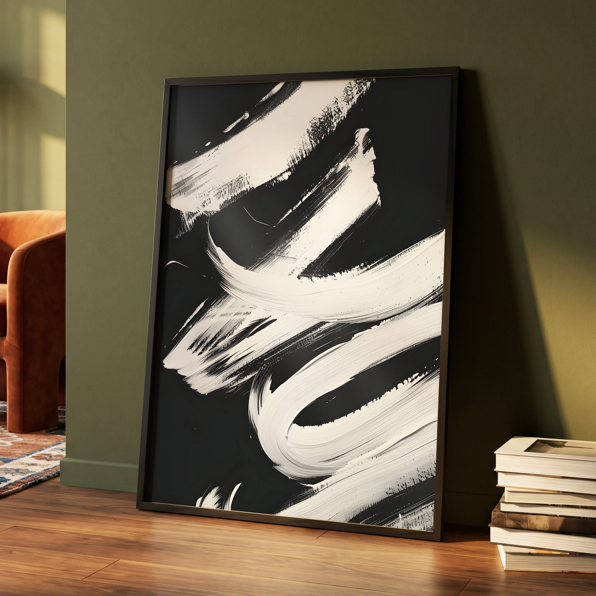 Nocturne in White, black, white abstract wall art displayed in a styled interior, gallery view 4