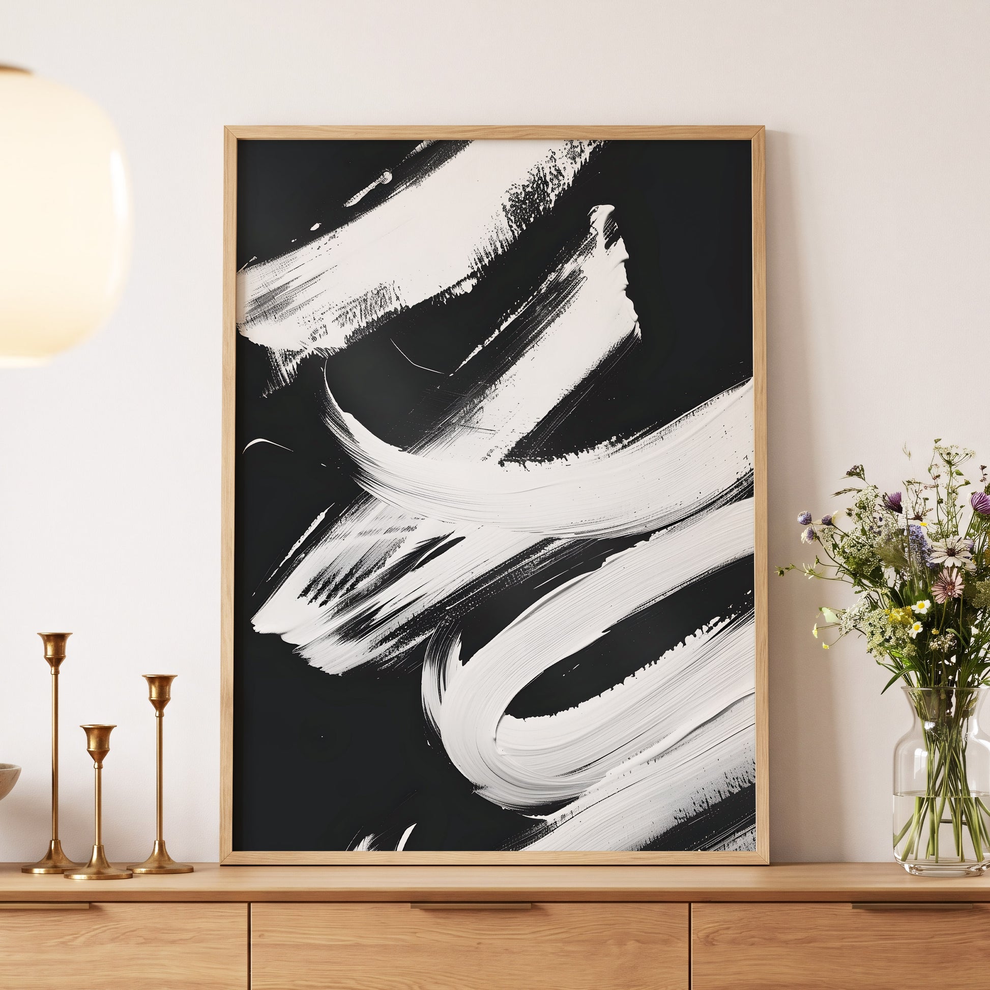 Nocturne in White, black, white abstract wall art displayed in a styled interior, gallery view 5