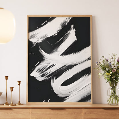 Nocturne in White, black, white abstract wall art displayed in a styled interior, gallery view 5