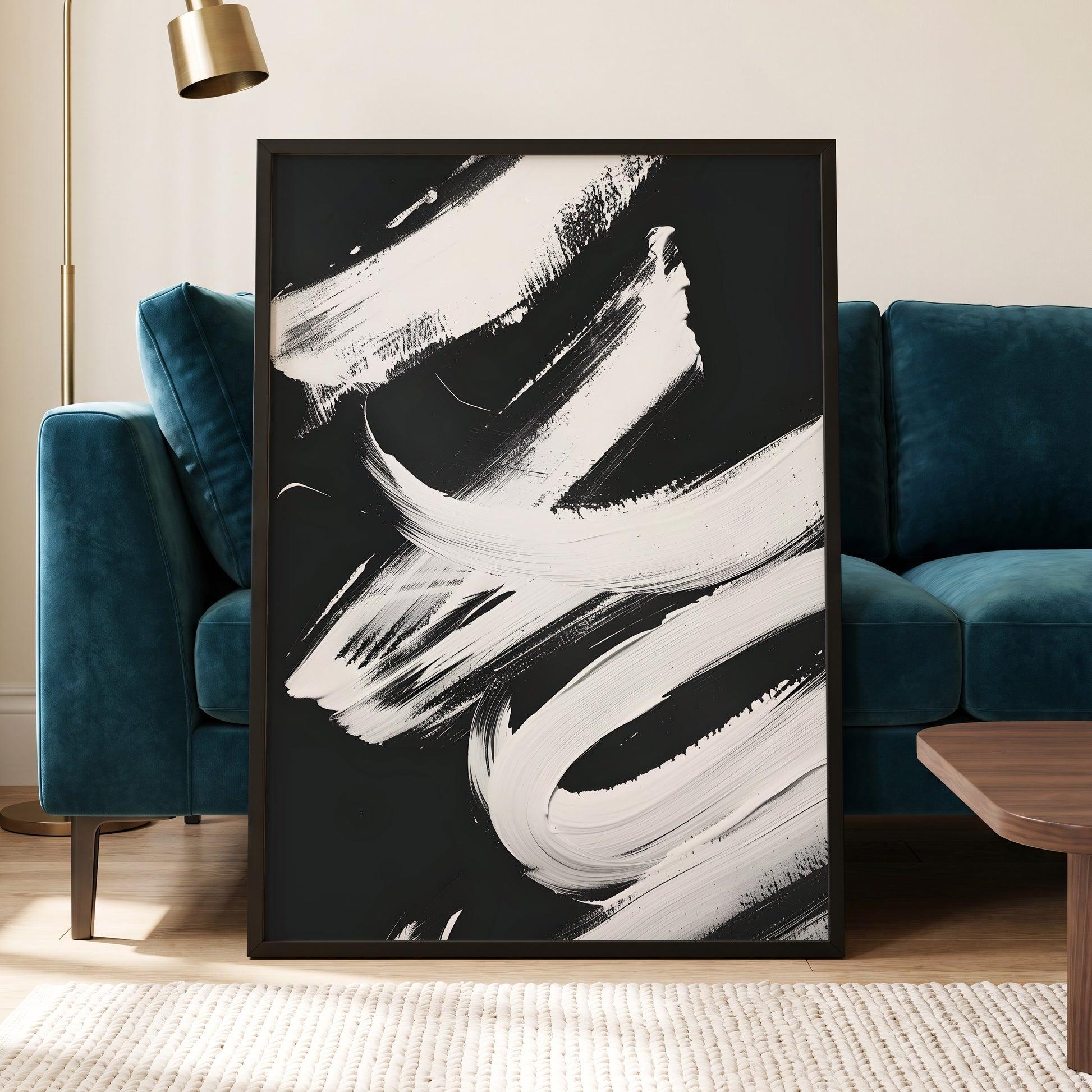 Nocturne in White, black, white abstract wall art displayed in a styled interior, gallery view 6