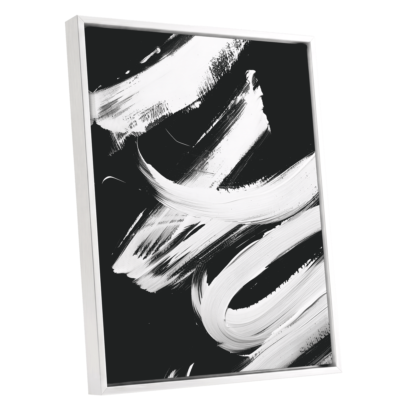Nocturne in White, black, white abstract wall art shown as a white framed canvas wall art