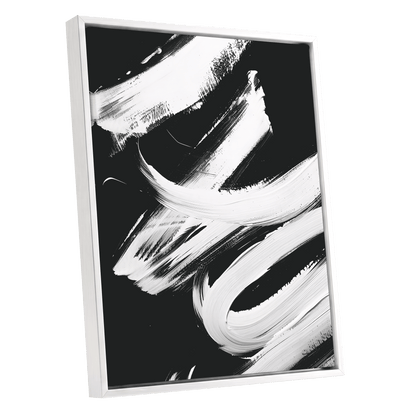 Nocturne in White, black, white abstract wall art shown as a white framed canvas wall art