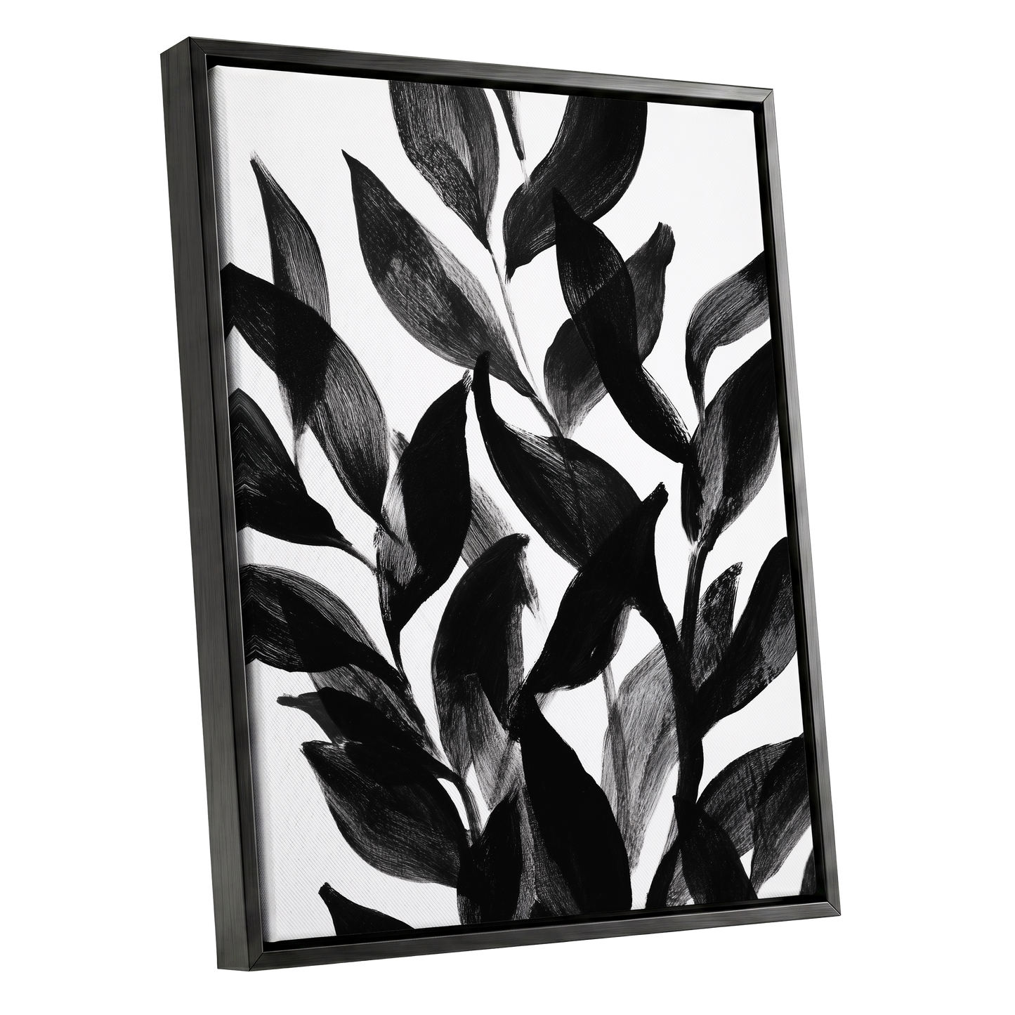 Nocturne Leafwork, black, white, gray nature wall art shown as a black framed canvas wall art