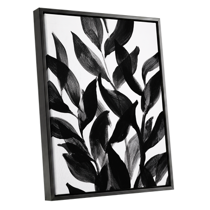 Nocturne Leafwork, black, white, gray nature wall art shown as a black framed canvas wall art
