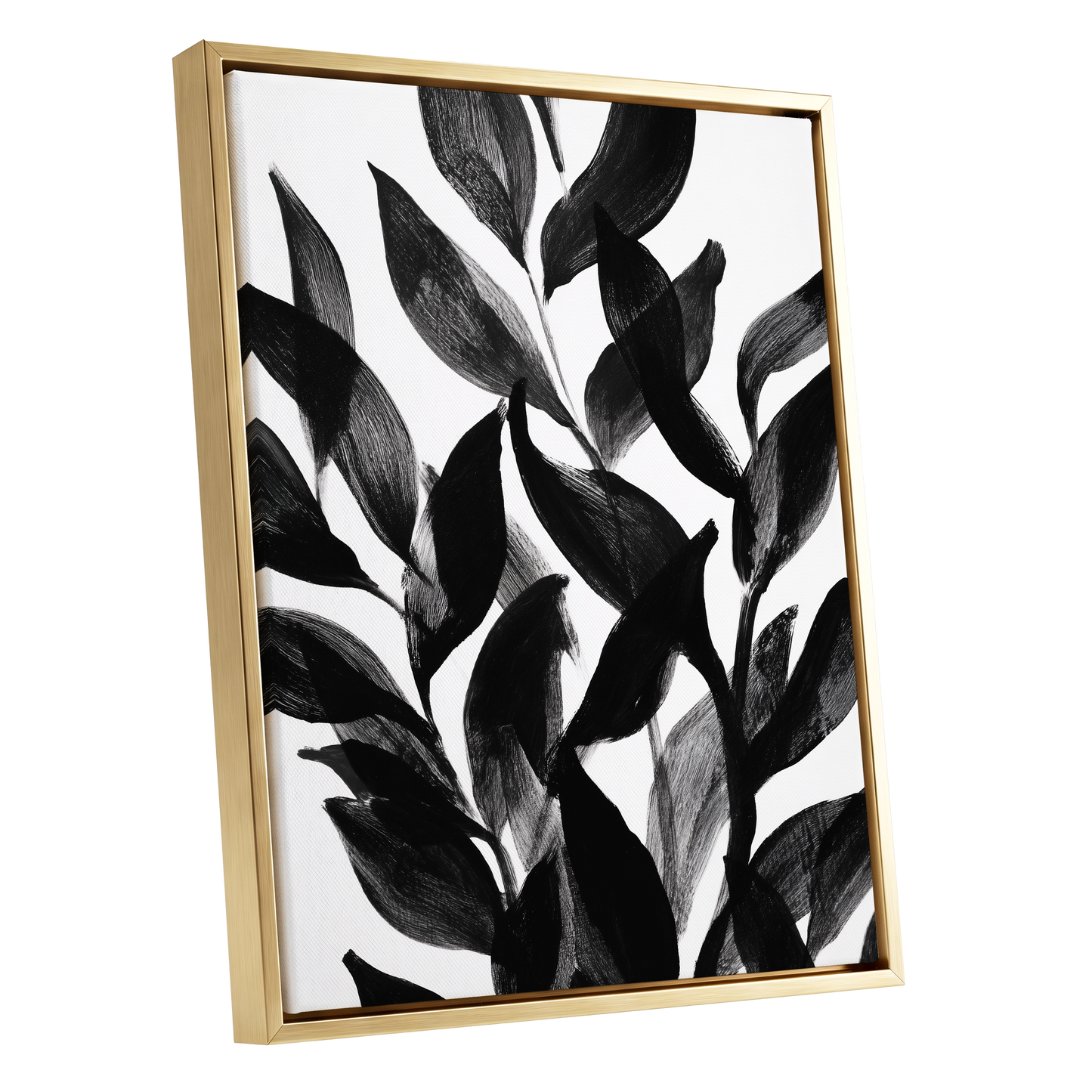 Nocturne Leafwork, black, white, gray nature wall art shown as a gold framed canvas wall art