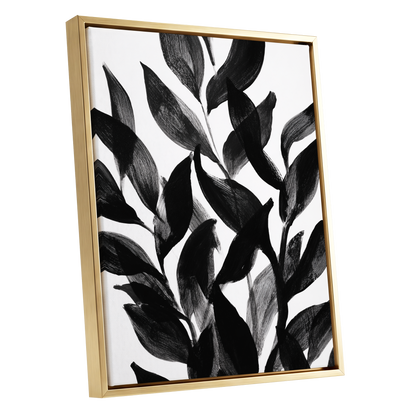Nocturne Leafwork, black, white, gray nature wall art shown as a gold framed canvas wall art