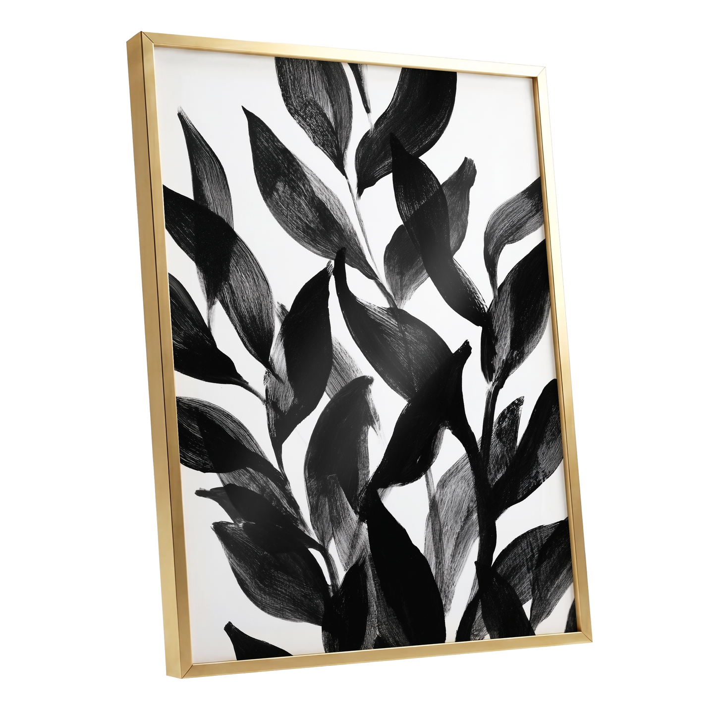Nocturne Leafwork, black, white, gray nature wall art shown as a gold framed poster wall art print