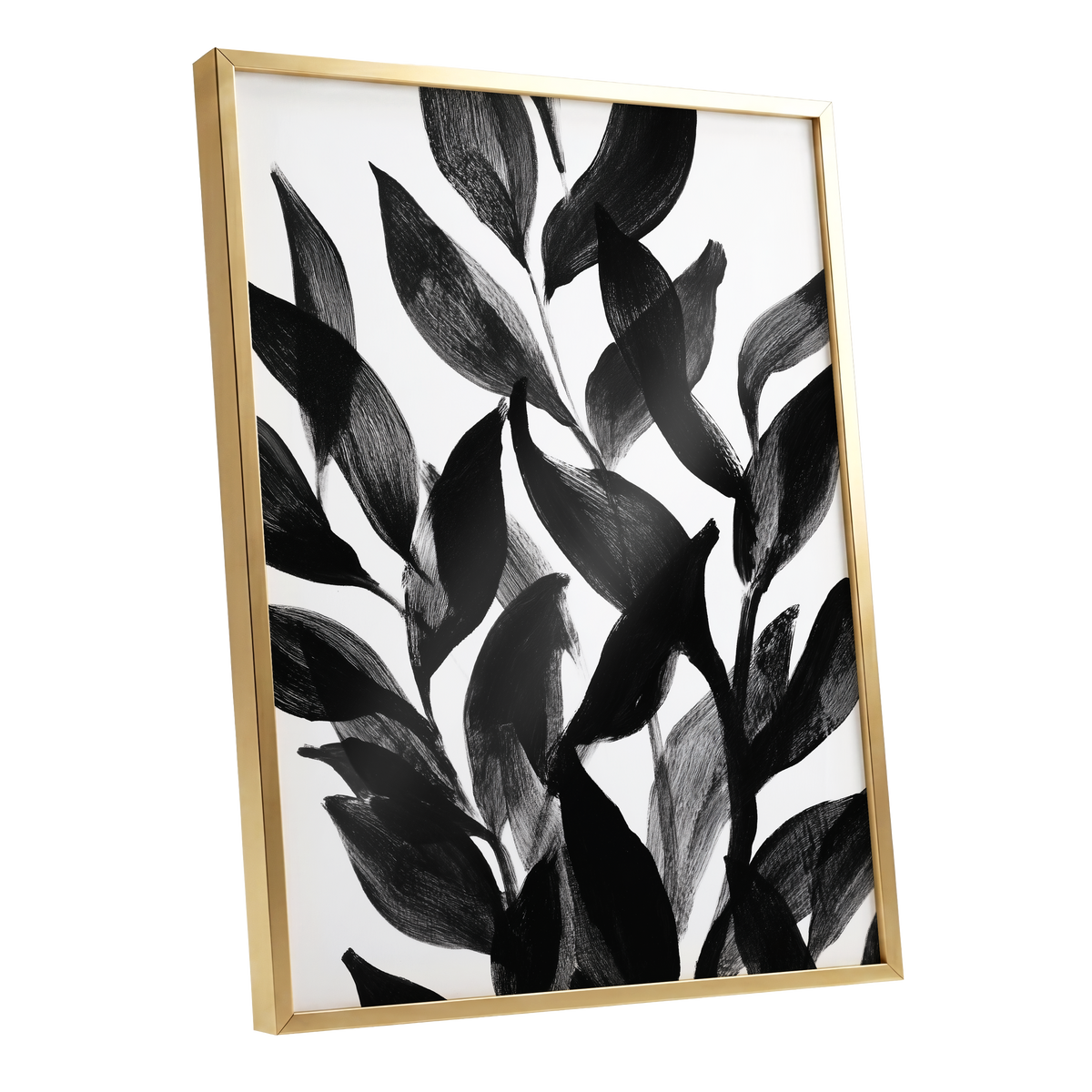 Nocturne Leafwork, black, white, gray nature wall art shown as a gold framed poster wall art print