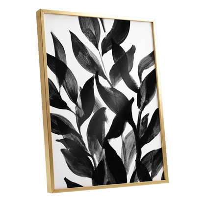 Nocturne Leafwork, black, white, gray nature wall art shown as a gold framed poster wall art print