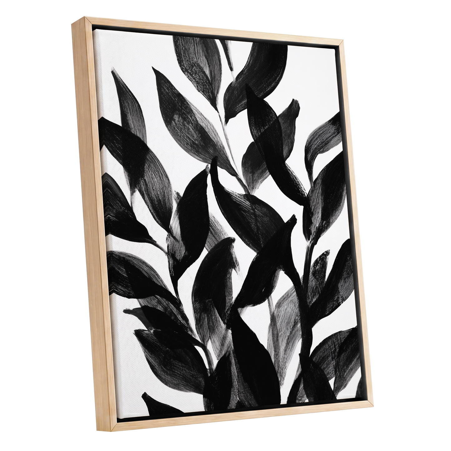 Nocturne Leafwork, black, white, gray nature wall art shown as a oak framed canvas wall art
