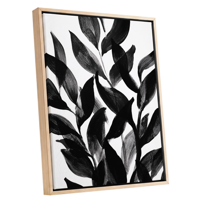 Nocturne Leafwork, black, white, gray nature wall art shown as a oak framed canvas wall art