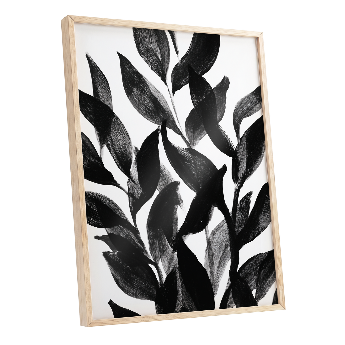 Nocturne Leafwork, black, white, gray nature wall art shown as a oak framed poster wall art print