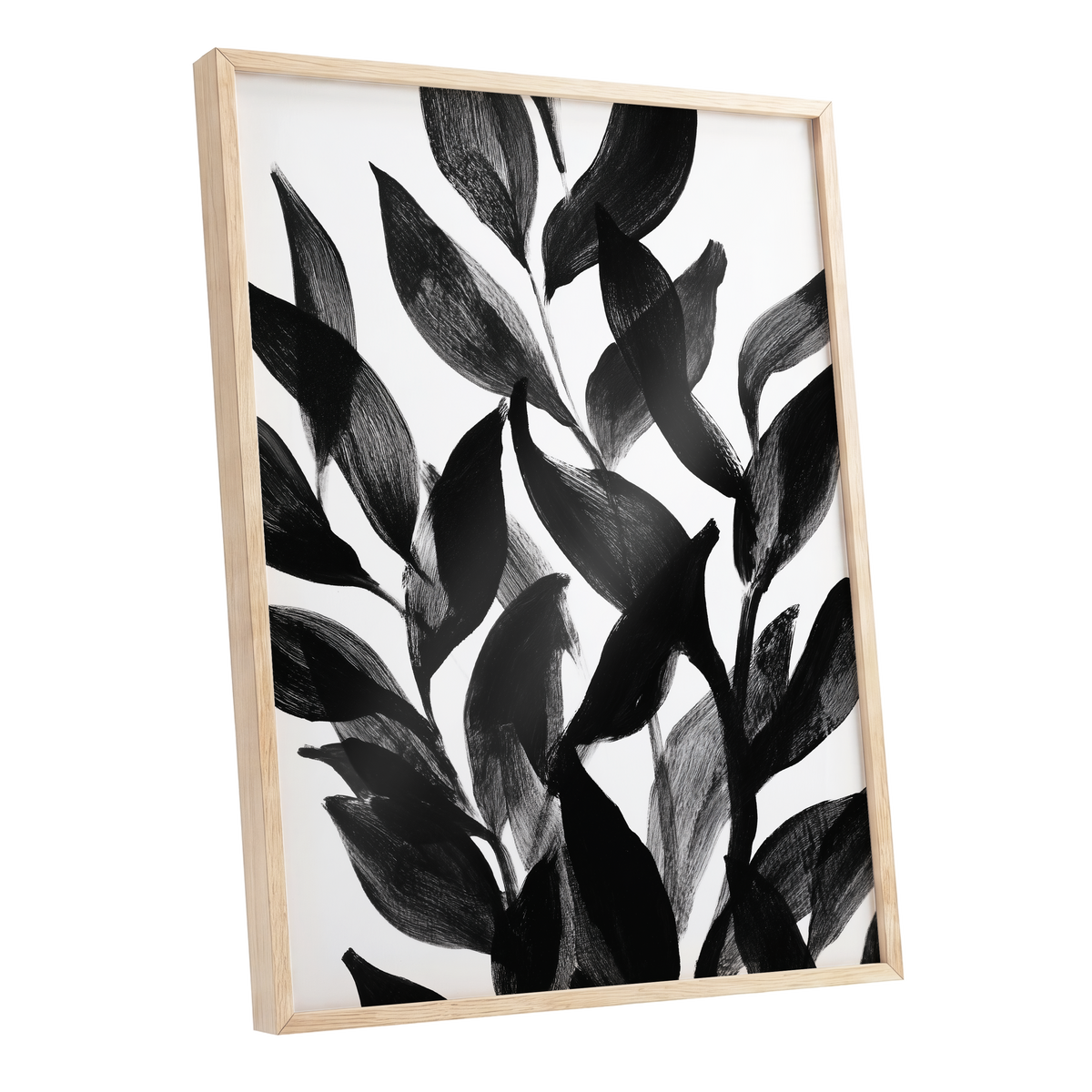 Nocturne Leafwork, black, white, gray nature wall art shown as a oak framed poster wall art print