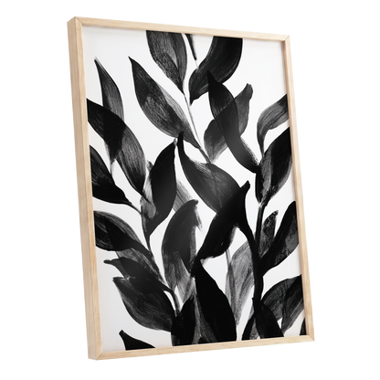 Nocturne Leafwork, black, white, gray nature wall art shown as a oak framed poster wall art print