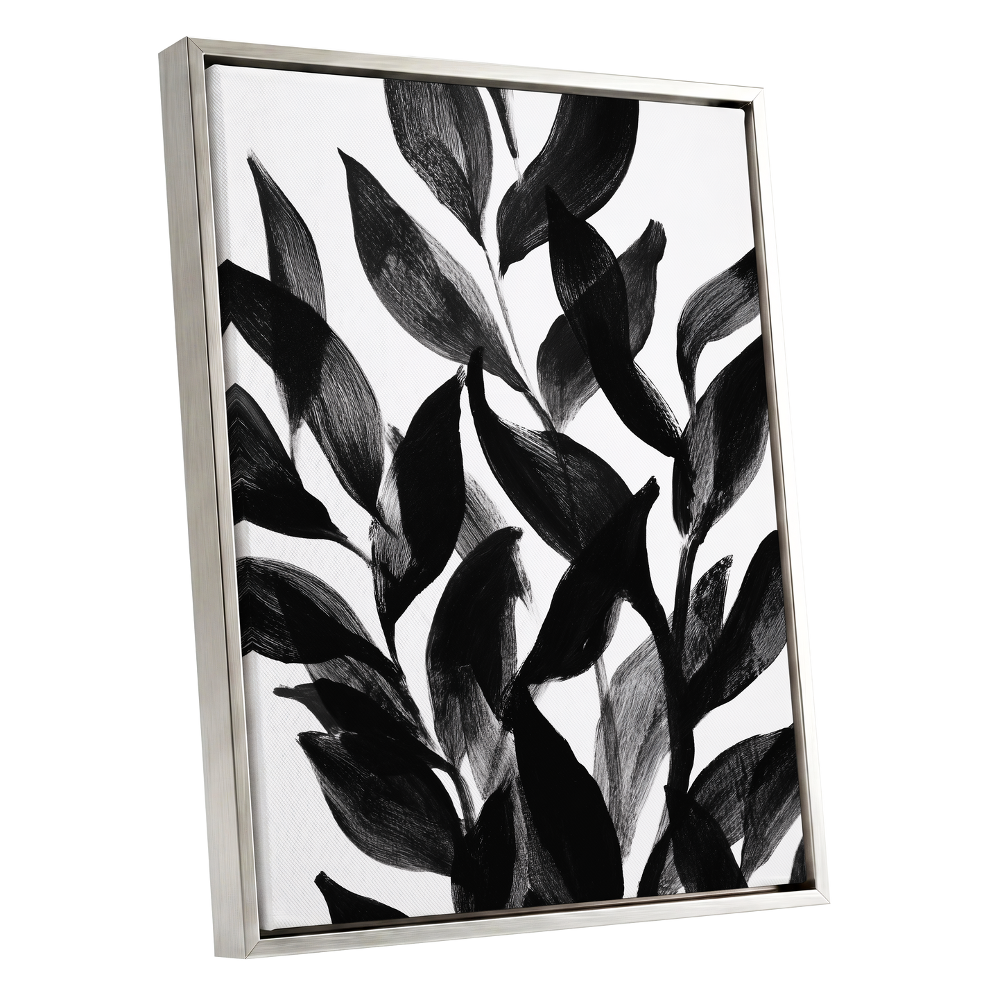 Nocturne Leafwork, black, white, gray nature wall art shown as a silver framed canvas wall art