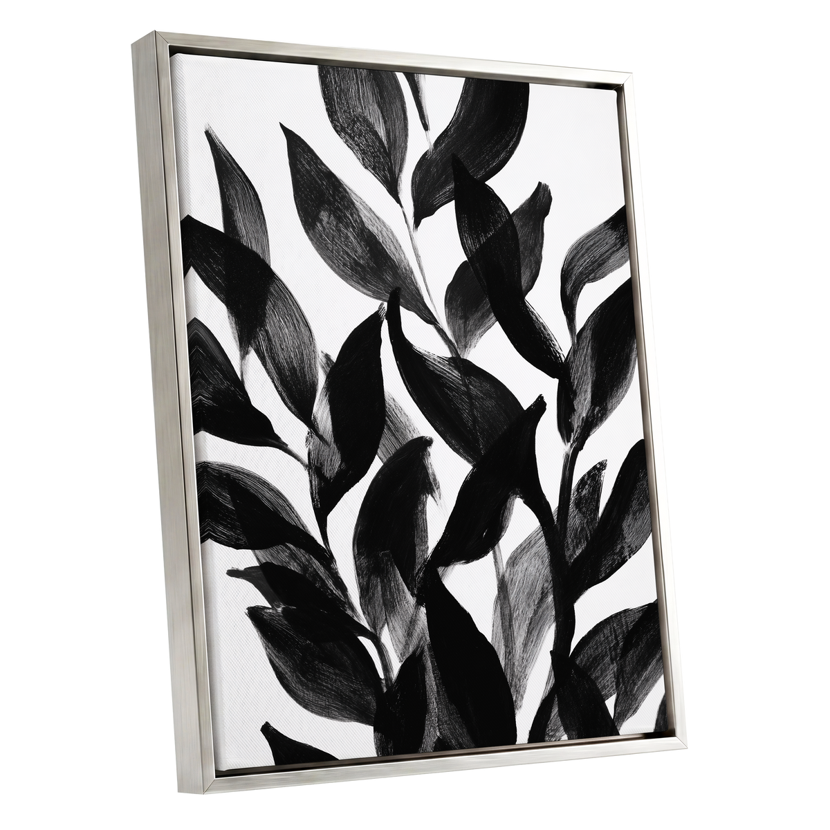 Nocturne Leafwork, black, white, gray nature wall art shown as a silver framed canvas wall art