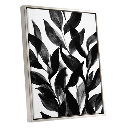 Nocturne Leafwork, black, white, gray nature wall art shown as a silver framed canvas wall art