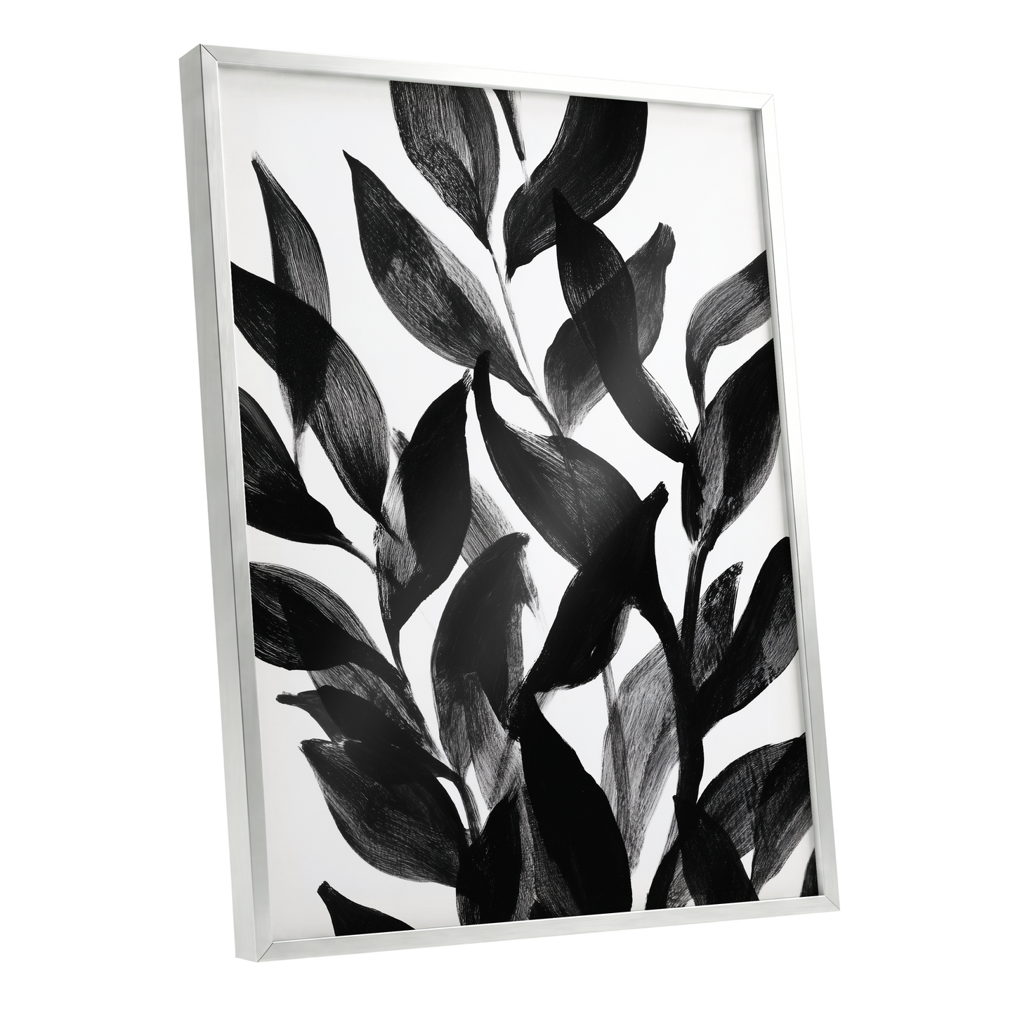 Nocturne Leafwork, black, white, gray nature wall art shown as a silver framed poster wall art print