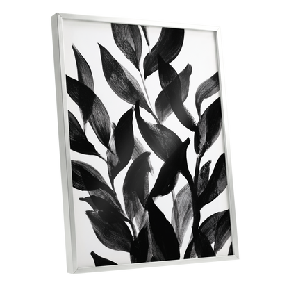 Nocturne Leafwork, black, white, gray nature wall art shown as a silver framed poster wall art print