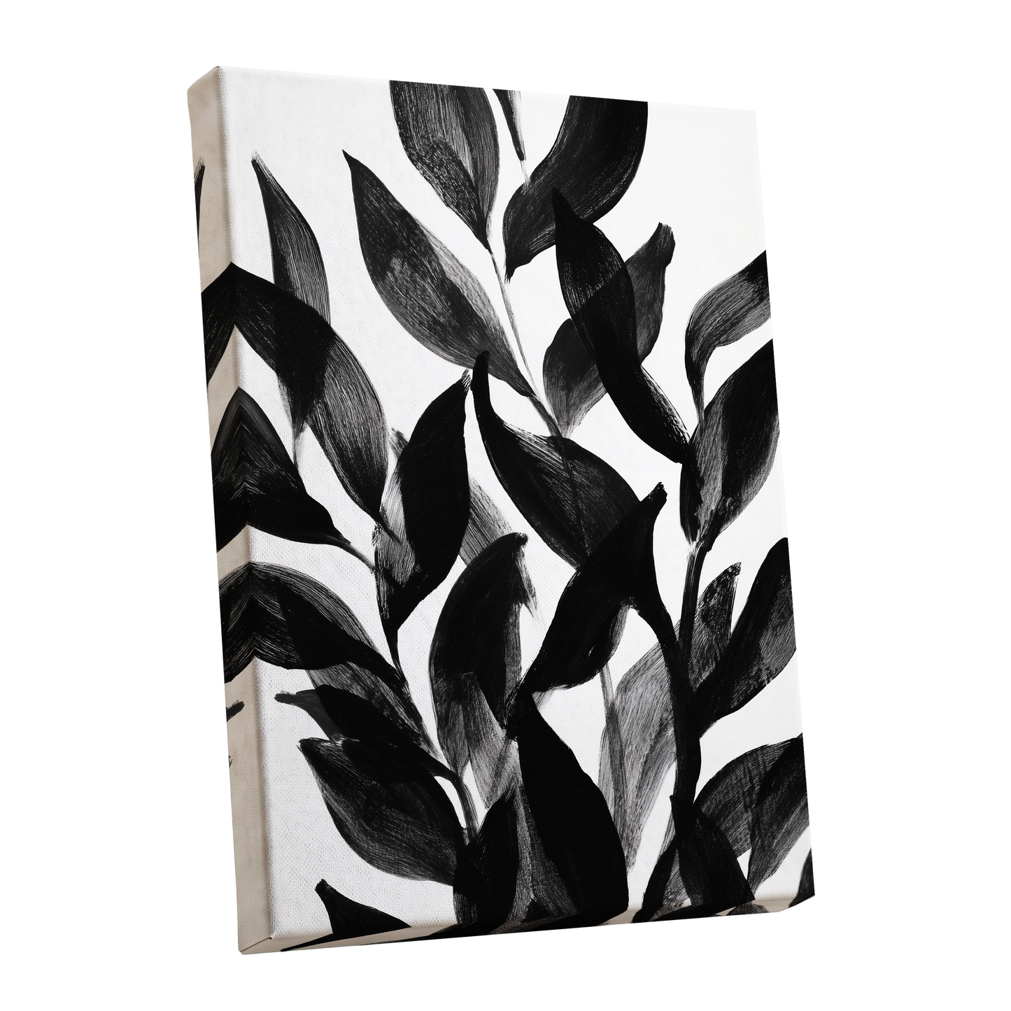 Nocturne Leafwork, black, white, gray nature wall art shown as a stretched canvas wall art
