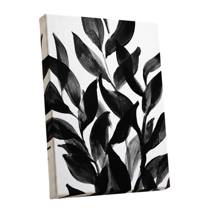 Nocturne Leafwork, black, white, gray nature wall art shown as a stretched canvas wall art