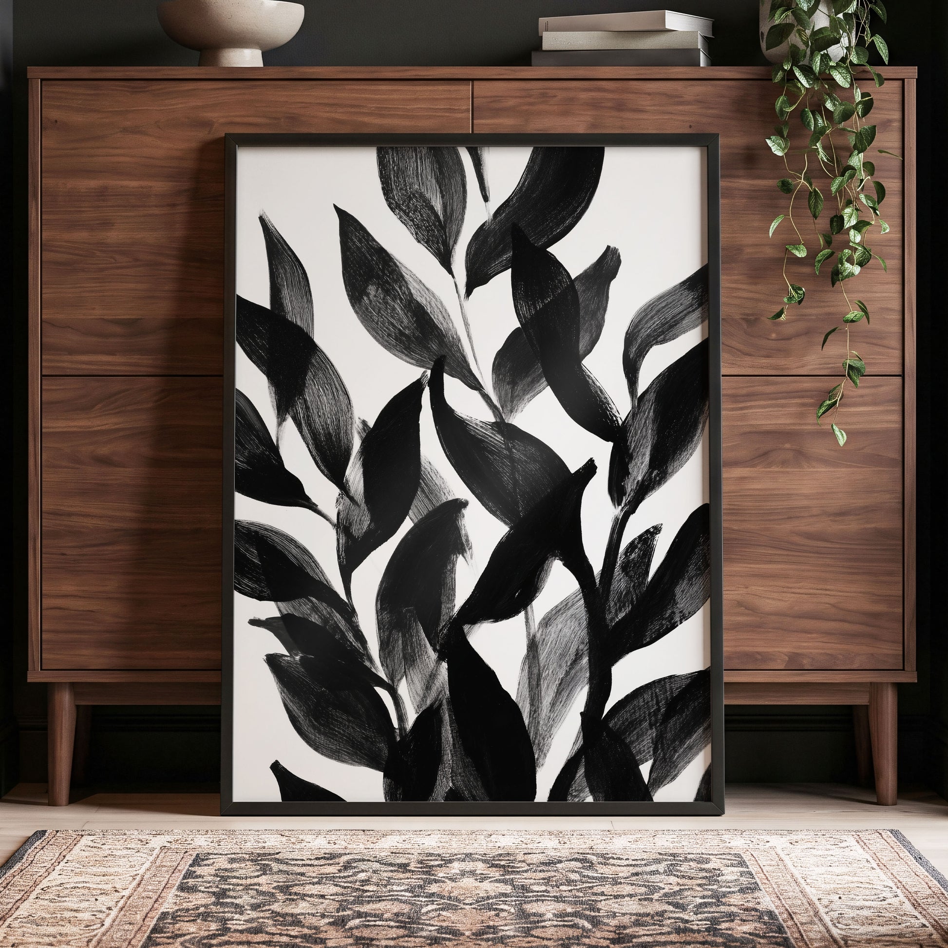 Nocturne Leafwork, black, white, gray nature wall art displayed in a styled interior, gallery view 2