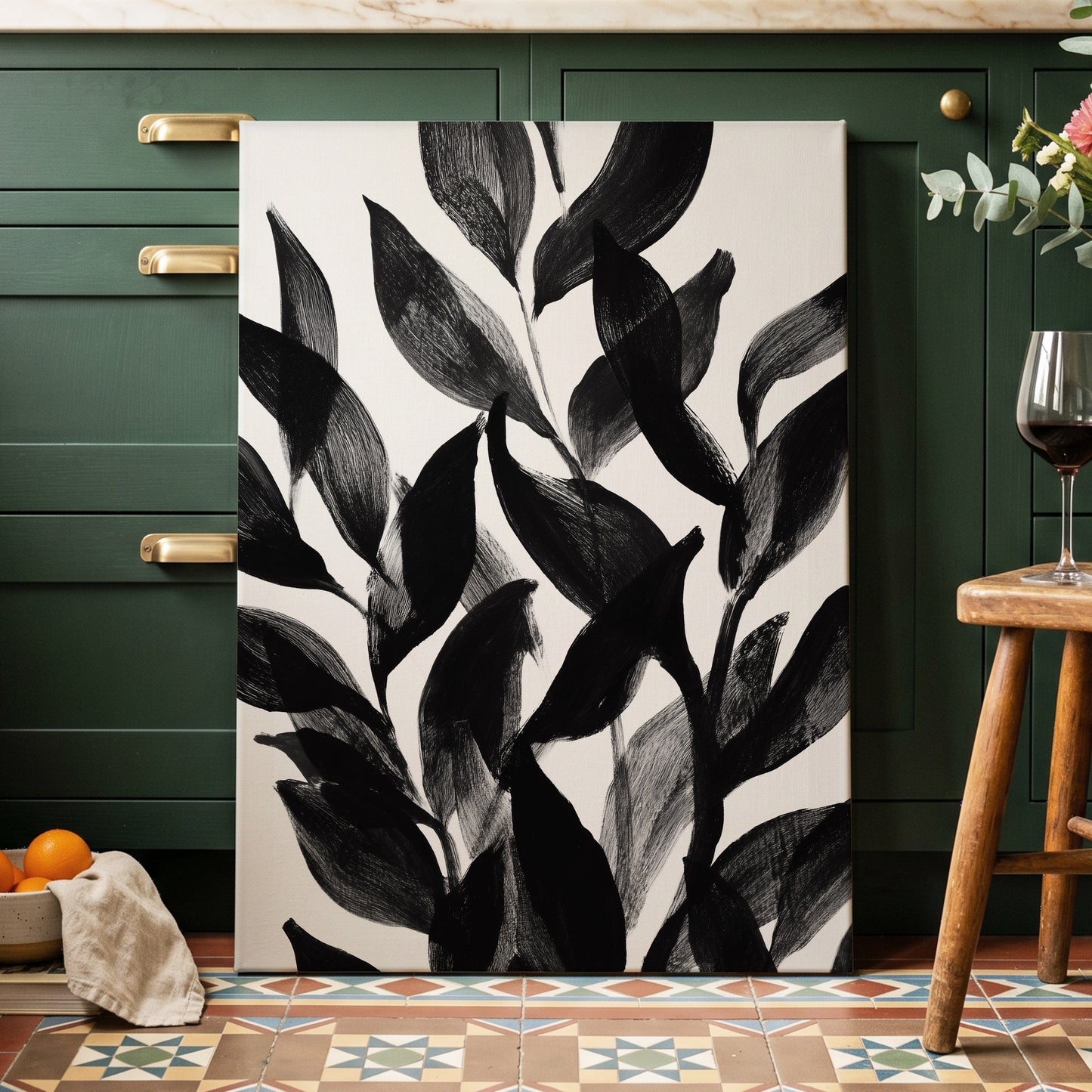 Nocturne Leafwork, black, white, gray nature wall art displayed in a styled interior, gallery view 3