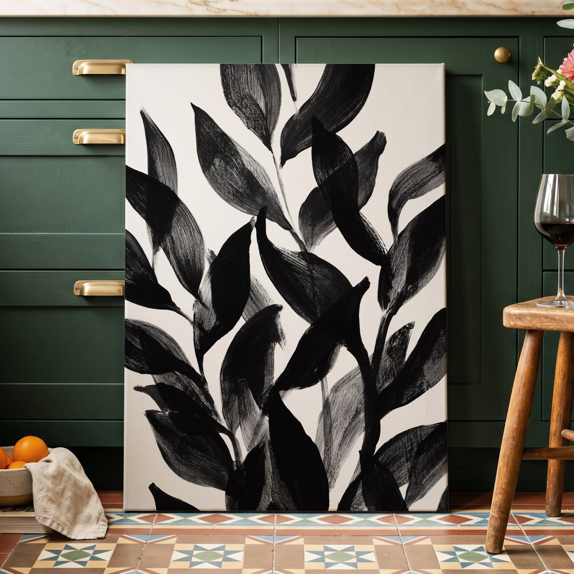Nocturne Leafwork, black, white, gray nature wall art displayed in a styled interior, gallery view 3