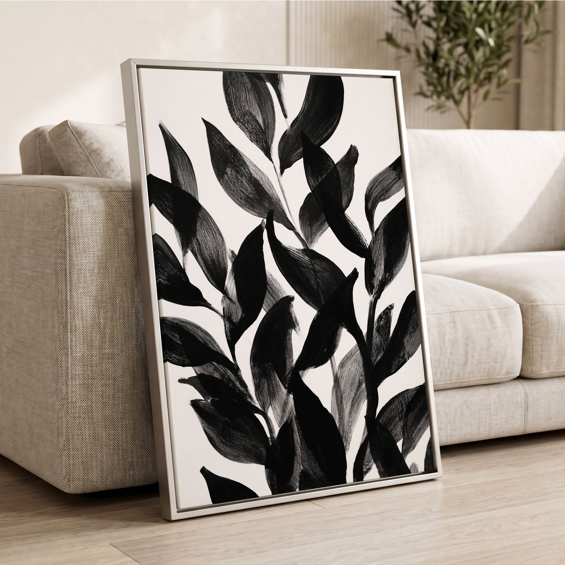 Nocturne Leafwork, black, white, gray nature wall art displayed in a styled interior, gallery view 4