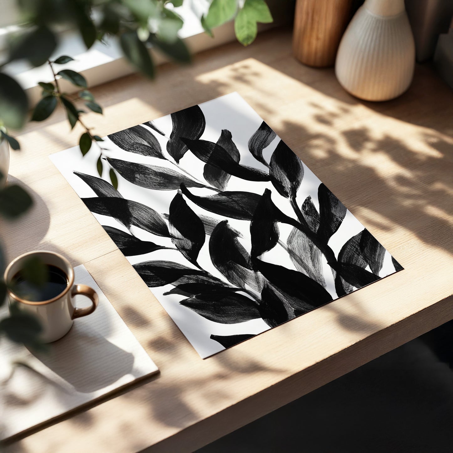 Nocturne Leafwork, black, white, gray nature wall art displayed in a styled interior, gallery view 5