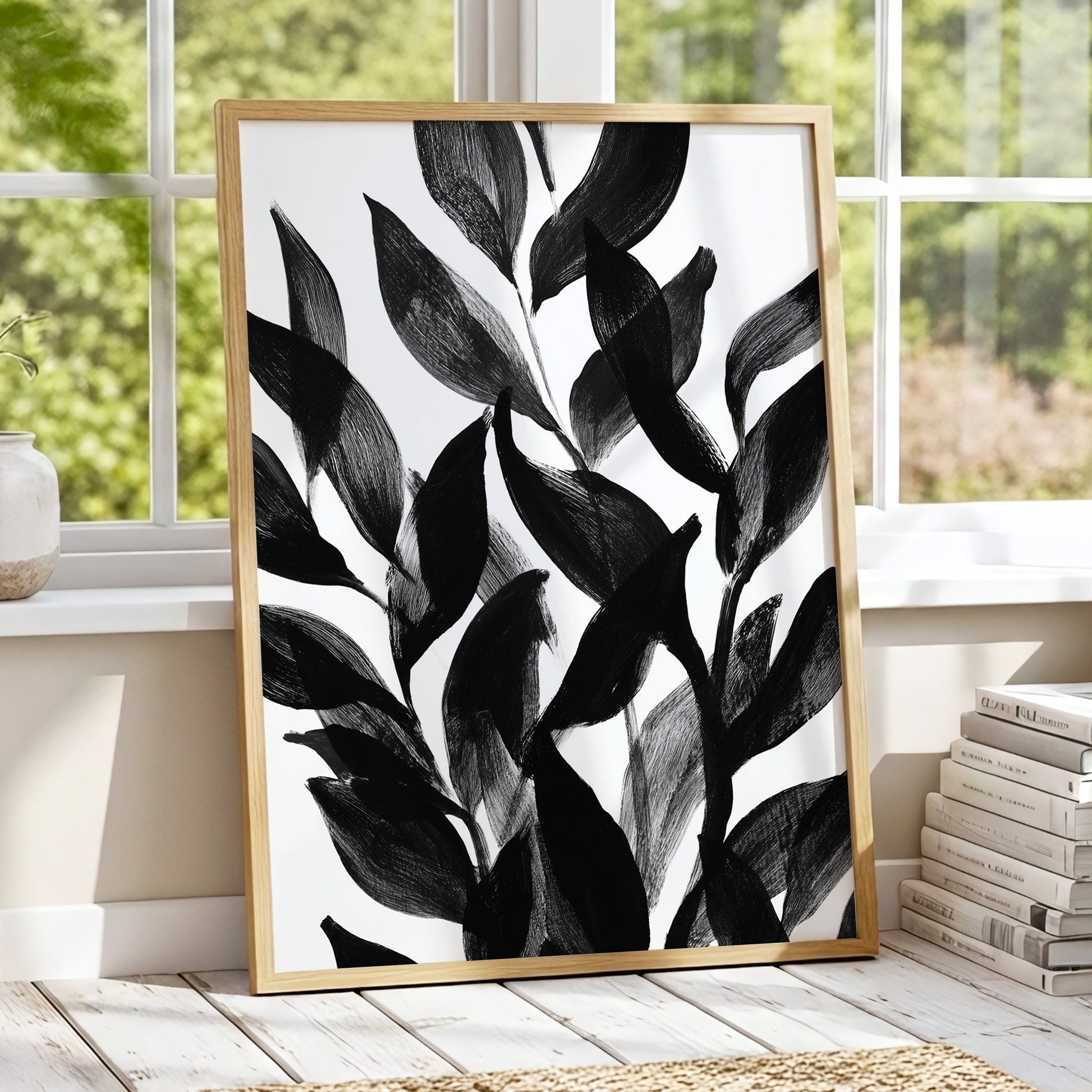 Nocturne Leafwork, black, white, gray nature wall art displayed in a styled interior, gallery view 6