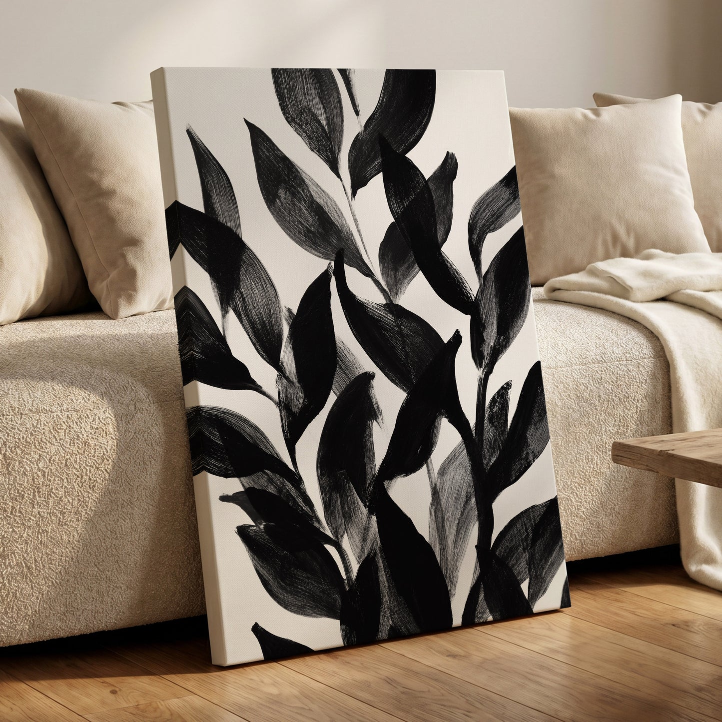 Nocturne Leafwork, black, white, gray nature wall art displayed in a styled interior, gallery view 7