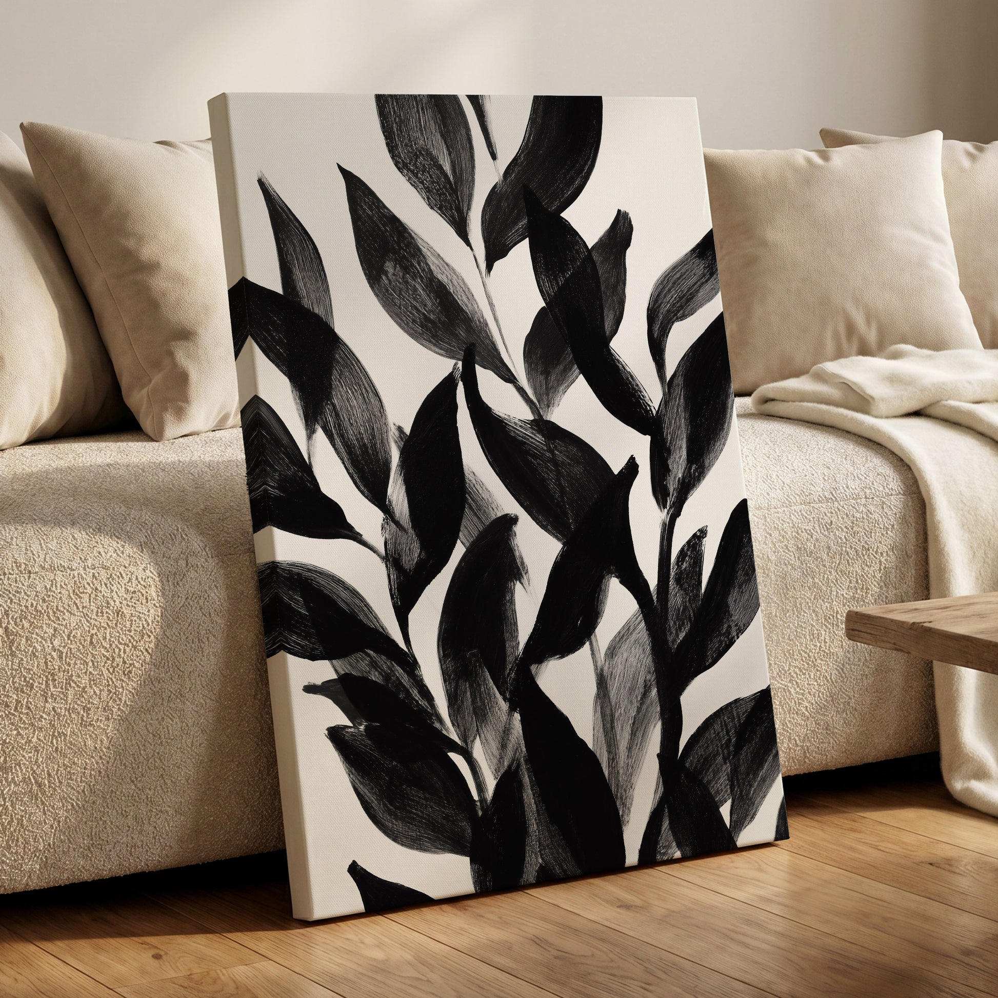 Nocturne Leafwork, black, white, gray nature wall art displayed in a styled interior, gallery view 7