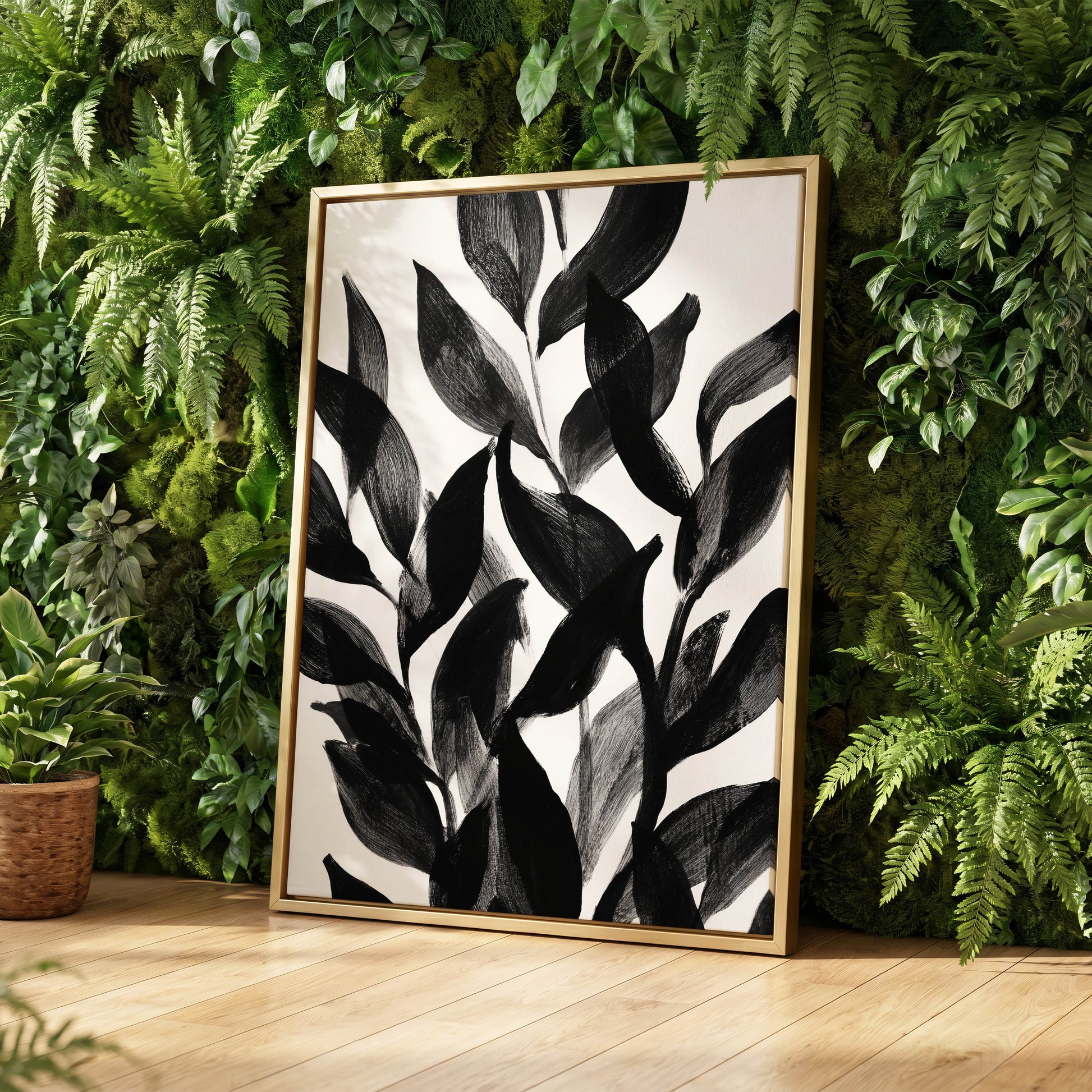 Nocturne Leafwork, black, white, gray nature wall art displayed in a styled interior, gallery view 8