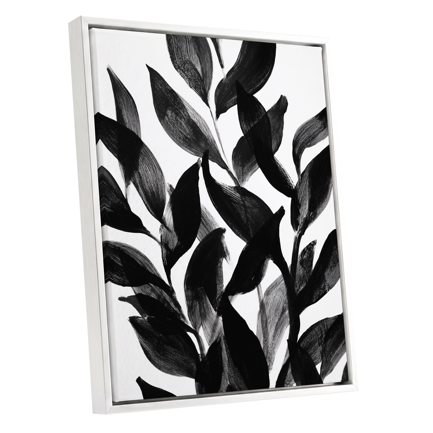 Nocturne Leafwork, black, white, gray nature wall art shown as a white framed canvas wall art