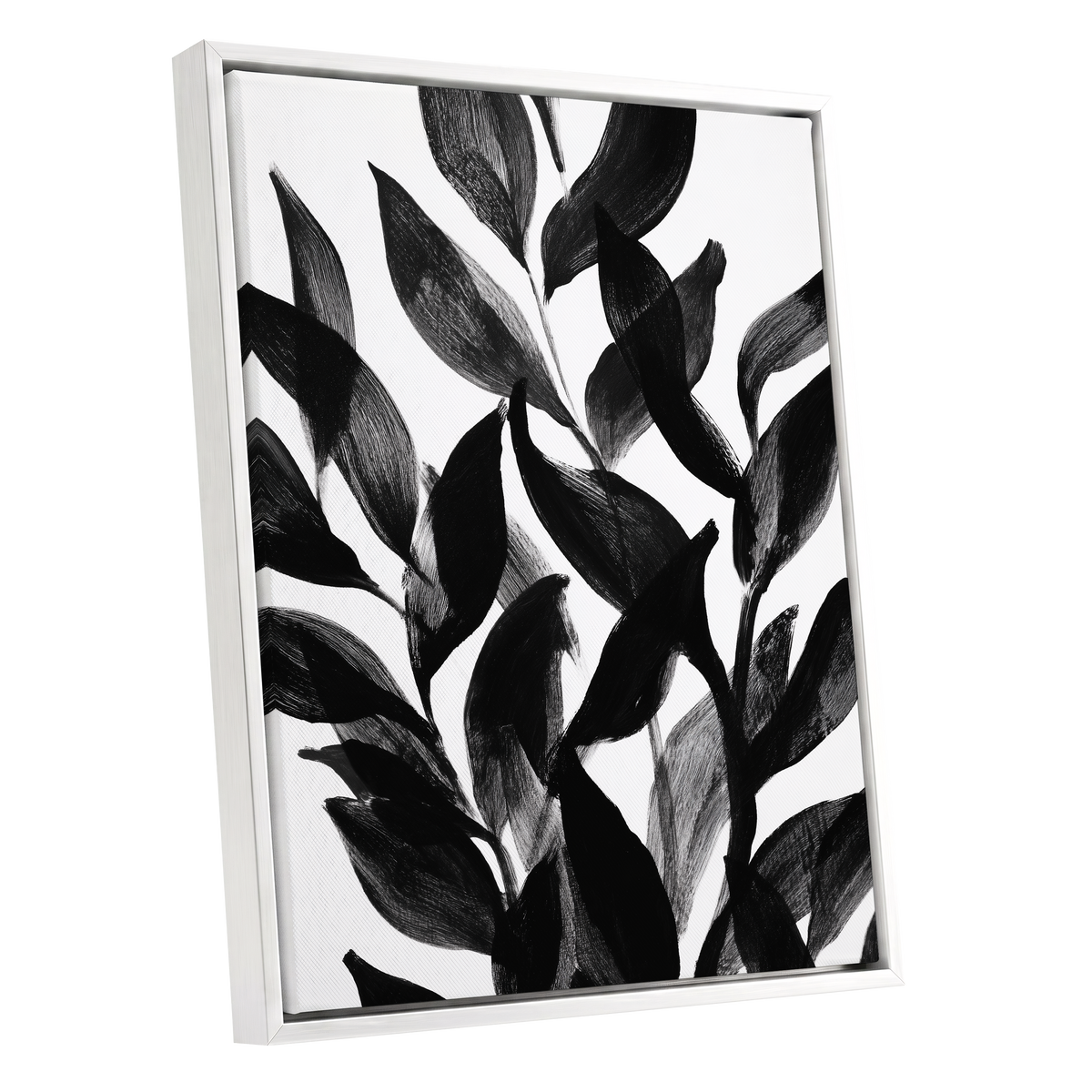Nocturne Leafwork, black, white, gray nature wall art shown as a white framed canvas wall art