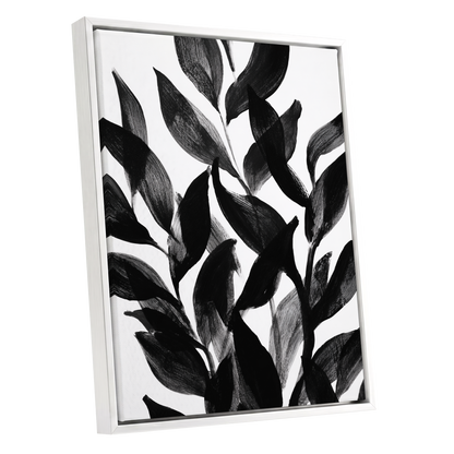 Nocturne Leafwork, black, white, gray nature wall art shown as a white framed canvas wall art