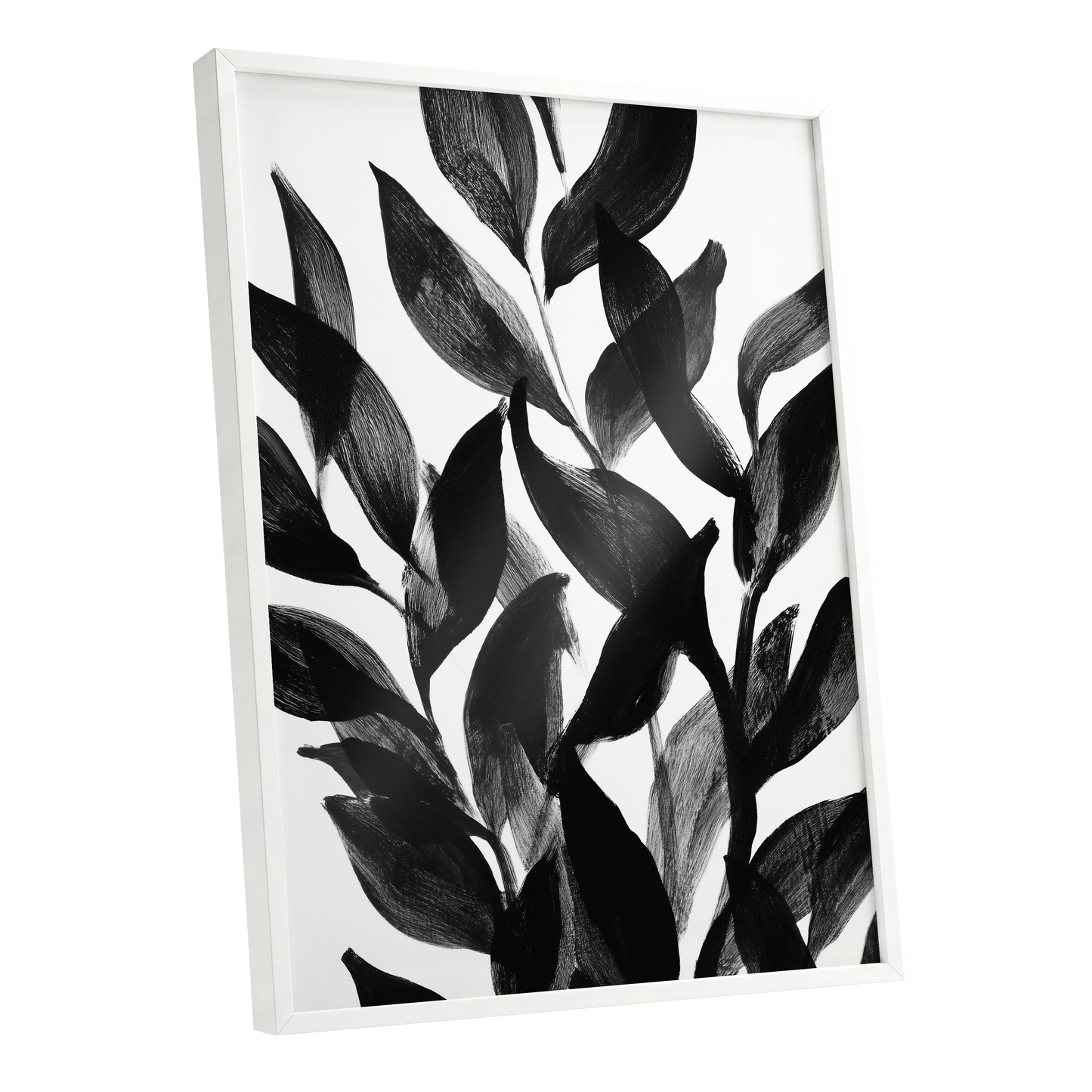 Nocturne Leafwork, black, white, gray nature wall art shown as a white framed poster wall art print